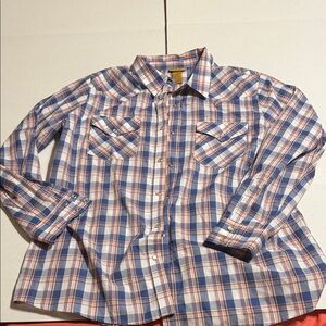 Wrangler Blue and Pink Plaid Pearl Western Button-Down Shirt